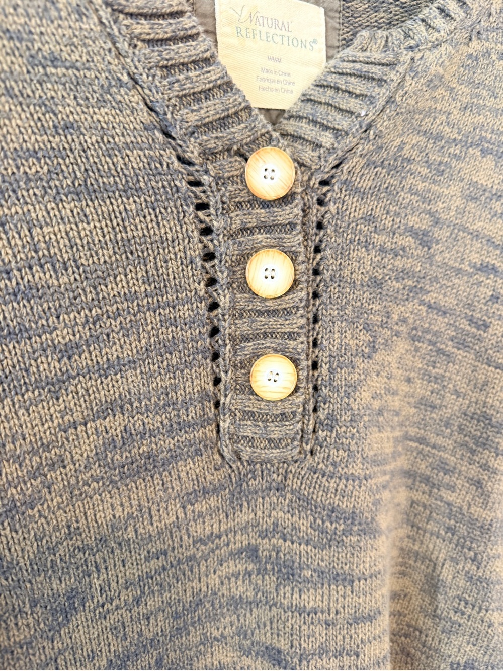 Brown & Gray Marled 100% Cotton Henley Sweater Pullover Boho Cottagecore Cozy - Picture 5 of 11